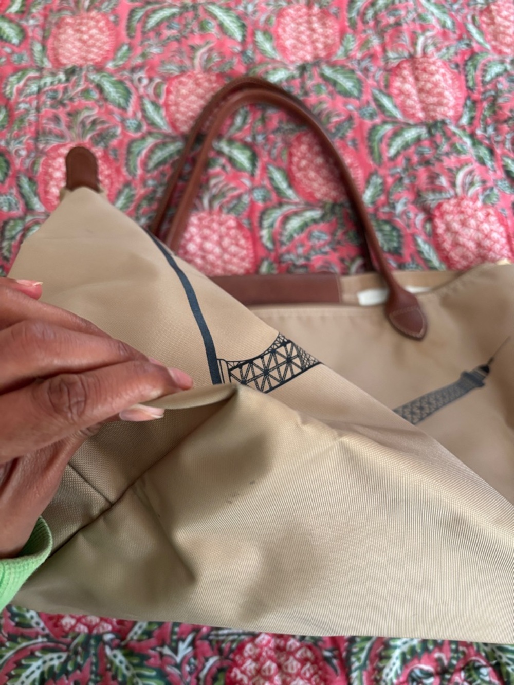 Longchamp Beige Tote with Black Eiffel Tower and Brown Trim - Picture 10 of 13